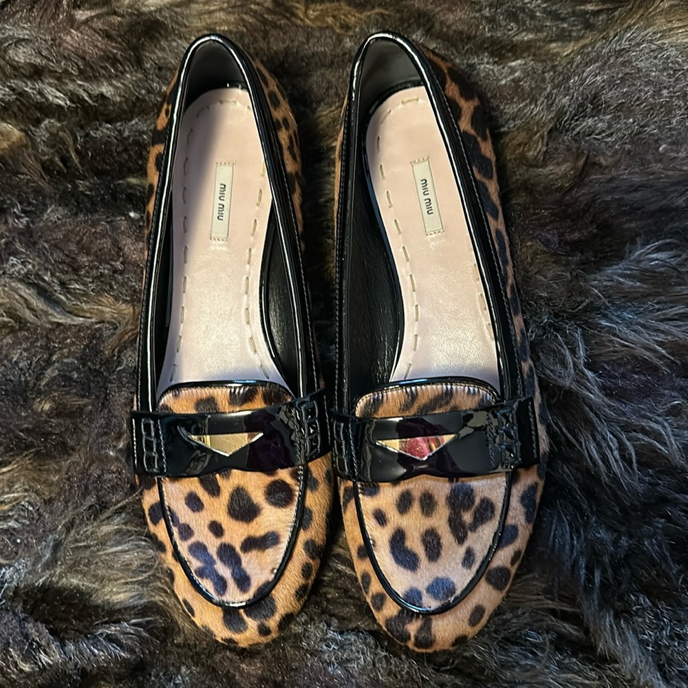 Miu Miu Leopard Calf Hair Loafers 40